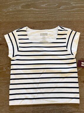NWT Girls Weekend Academy cap sleeve white/blue stripe built in bra shirt size L